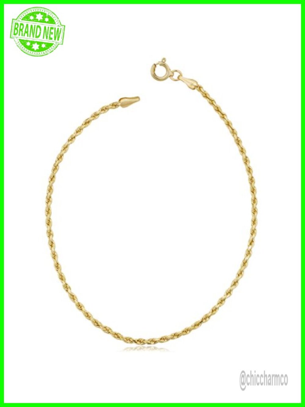 10k Yellow Gold Rope Chain Bracelet 1.8mm 7.5in